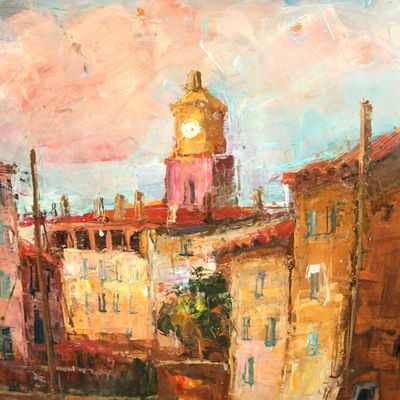an oil painting of a building with a clock tower in the background
