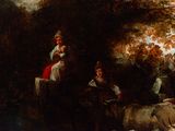 a painting of a man and a woman in a wooded setting