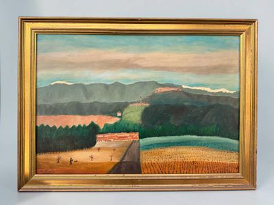 une peinture à l'huile représentant une scène de vie à la ferme avec des montagnes en arrière-plan