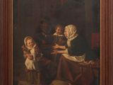un vieux tableau représentant une femme et un enfant dans une pièce avec un homme et une femme