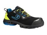 une chaussure noire et bleue avec des lacets jaunes