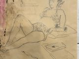 a drawing of a woman reading a book on the floor