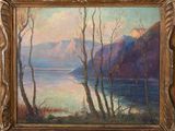 an oil painting of a lake with trees and mountains in the background