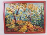 a painting on the wall of a room with a red frame