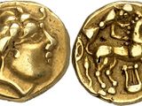 une pièce d'or sur laquelle figurent une femme et un cheval