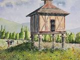a painting of a small building in the middle of a field