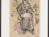 an image of a drawing of a man sitting on a chair holding a cat