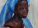 an oil painting of a woman with a blue turban on her head