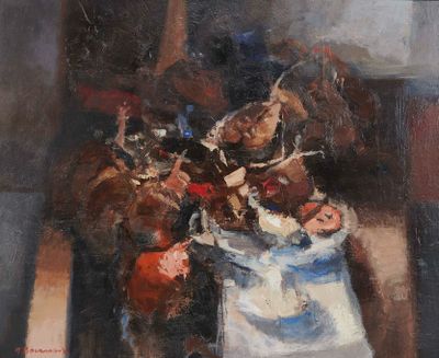 un tableau représentant un vase rempli de fruits et de légumes posé sur une table