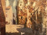an oil painting of a street scene with a cat and a dog
