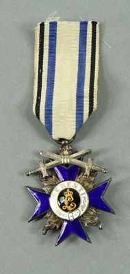 purple and white medal with blue star and silver star on it