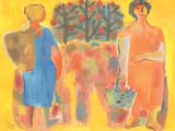 un tableau représentant deux femmes debout devant un arbre