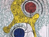 une image représentant un tableau sur lequel figure un homme tenant une balle rouge et bleue