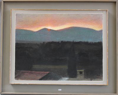 an oil painting of a sunset over a mountain range with a barn in the foreground