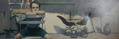 un tableau représentant une femme assise sur une chaise dans une pièce