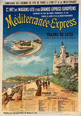 une affiche représentant un train sur une voie ferrée avec des passagers à bord