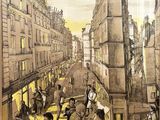 poster of a street scene in paris with people walking down the street
