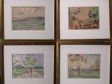 quatre aquarelles encadrées représentant un paysage avec une personne à vélo