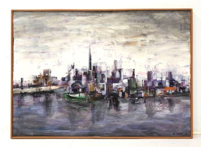 painting of a painting of a city with a boat in the water