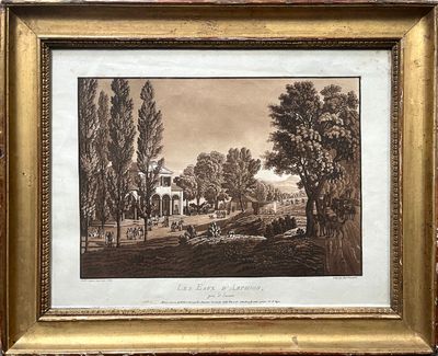 an old picture of a farm scene with a horse drawn by a man