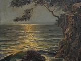 an image of a painting of a moon setting over the ocean