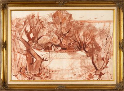 an image of a drawing of a landscape with trees and a house
