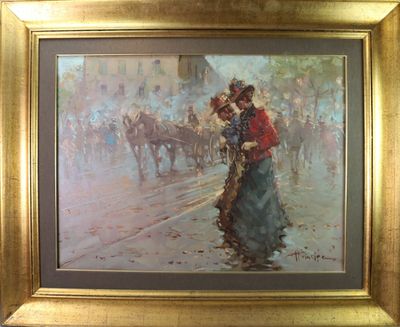 tableau représentant une femme marchant dans une rue, avec une calèche tirée par un cheval en arrière-plan
