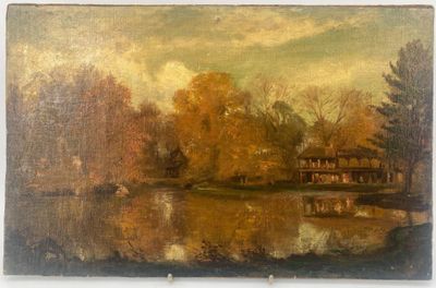 une image représentant un tableau d'un lac avec une maison en arrière-plan