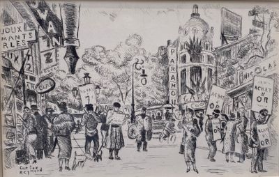 drawing of a street scene with people walking down the street