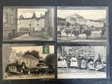 several old black and white photos of people and horses in a town