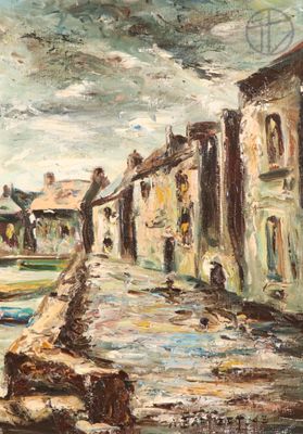 une peinture à l'huile représentant une scène de rue avec des bateaux sur l'eau