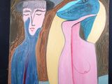 un tableau représentant une femme coiffée d'un chapeau et tenant un vase