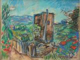 dessin représentant un tableau d'un vieux bâtiment dans un champ
