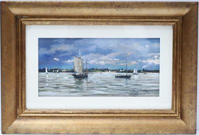 painting of a sailboat in a body of water under a cloudy sky