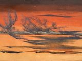 une peinture à l'huile représentant un paysage désertique avec un arbre solitaire au premier plan