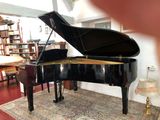 a grand piano in a living room with a rug on the floor