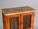 a wooden cabinet with a marble top and two doors