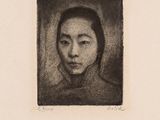 an image of a drawing of a woman in a black and white photo