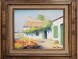 une image représentant un tableau d'une maison avec une porte verte