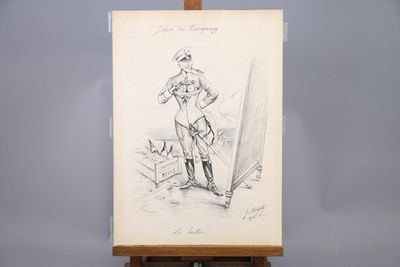 an old drawing of a woman standing in front of a easel