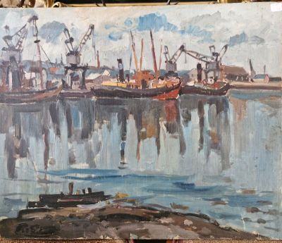 un tableau représentant un port avec des bateaux