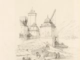 an old drawing of a castle with a tower and people in the foreground