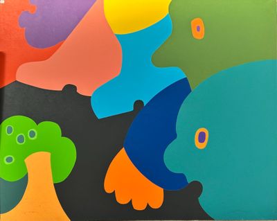a colorful painting on the wall of a children ' s playroom