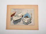 a picture of a painting of boats on the water