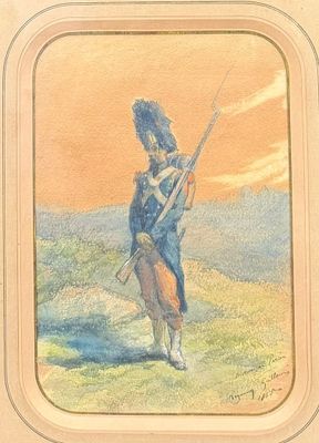 tableau représentant un soldat muni d'un fusil dans un champ, avec un coucher de soleil en arrière-plan