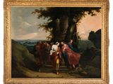 an image of a painting of a man holding a woman ' s hand