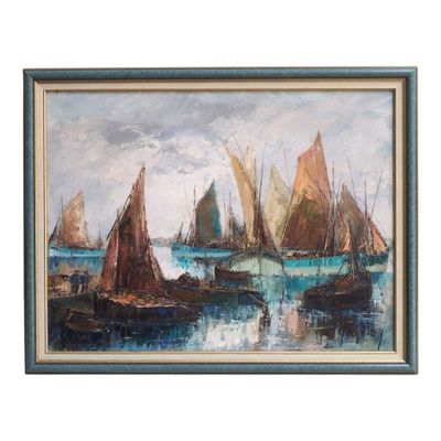 an oil painting of boats in a harbor on a cloudy day