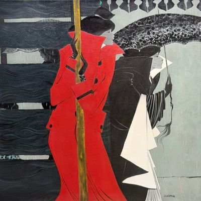 un tableau représentant une femme en robe rouge tenant un parapluie