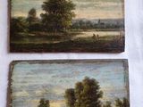 two paintings of trees and a river on a white cloth
