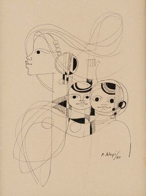 une image représentant un dessin d'une femme et de deux enfants